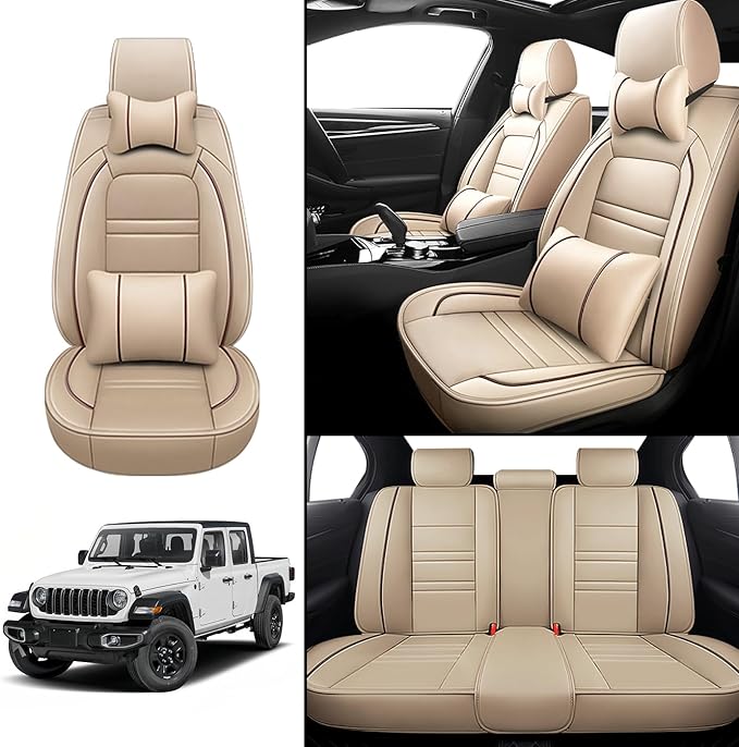 Car Seat Covers for JP Gladiator 2020-2025 | 5-Seats Seat Covers, Waterproof Seat Protectors, Automotive Seat Covers (Full Set with Pillow,Beige)