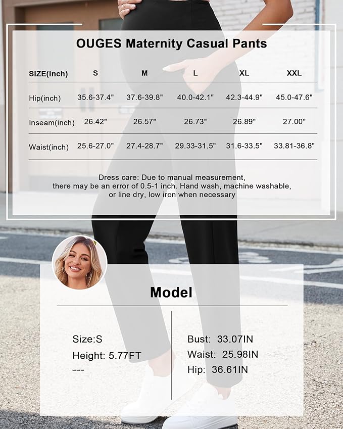 OUGES Womens Stretchy Maternity Over Belly Casual Work Straight Leg Pants Ankle Business Office Trousers with Pockets