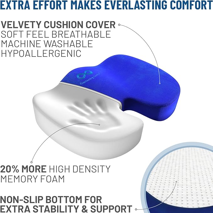 Everlasting Comfort Doctor Recommended Memory Foam Seat Cushion for Office Chairs & Car Seat - Ergonomic Office Desk Accessories for Tailbone Pain Relief, Sciatica & Back Support