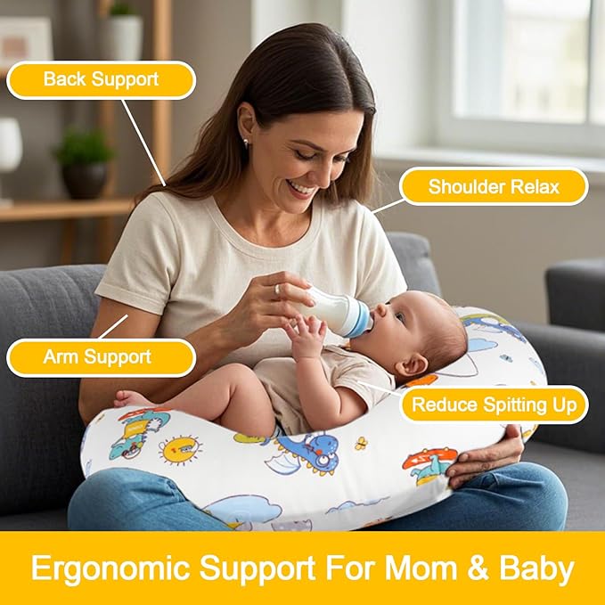 Nursing Pillow, Breastfeeding Pillows with Standard Size Removable Cover, Breast Feeding Pillow with Breathable Filling, Ergonomic Nursing Essentials for Bottle and Breastfeeding- Dinosaurs