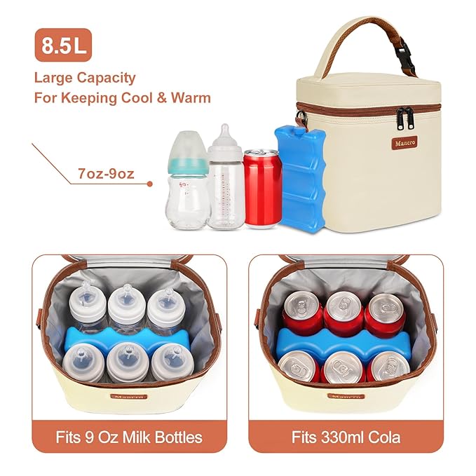 Mancro Breast Milk Cooler Travel Bag with Ice Pack, Insulated Baby Bottle Bag Fits for 6 Baby Bottles Up to 9 Ounce with Detachable Shoulder Strap, Breastmilk Cooler for Working Mom or Daycare, Beige