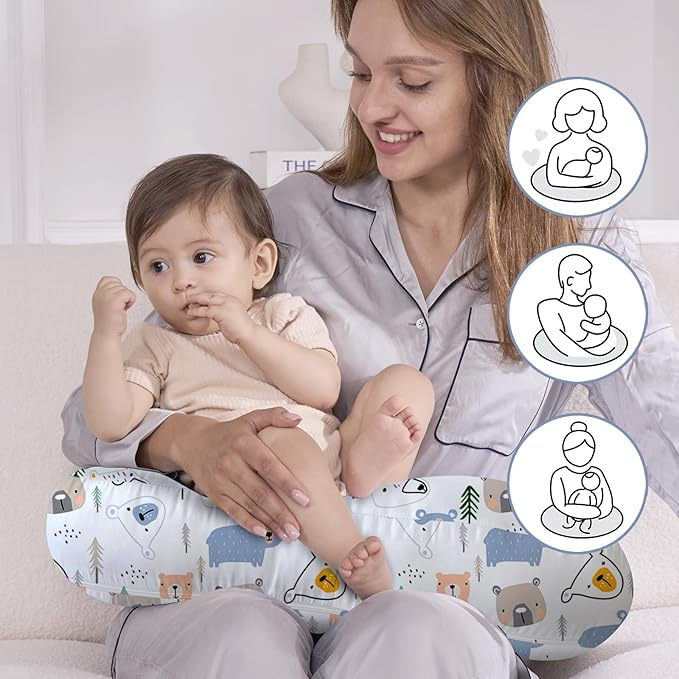 Little Grape Land Nursing Pillow,Upgraded Breast Feeding Pillow for Mom,Breastfeeding & Bottle Feeding for 0–18 Months, Soft Machine Washable Cover with Firm Breathable Filling, Tummy Time,Bear
