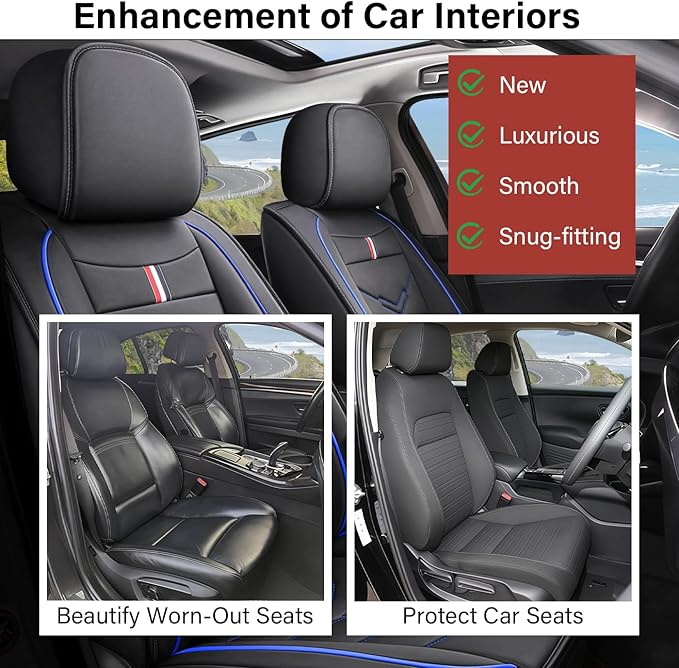 Leather Car Seat Covers Fit for LR LR4 2009-2016, 5 Seater Waterproof and Wear-Resistant Seat Cover Interior Accessories(Full Set,Black&Blue)