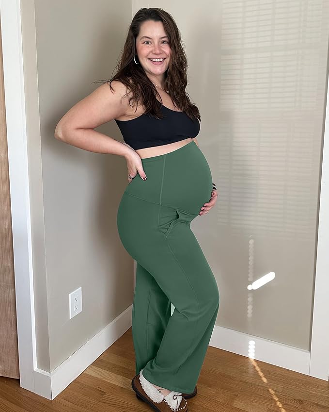 G4Free Maternity Pants Over The Belly Yoga Dress Work Pregnancy Pants Stretchy Lounge Wide Leg Trousers with Pockets