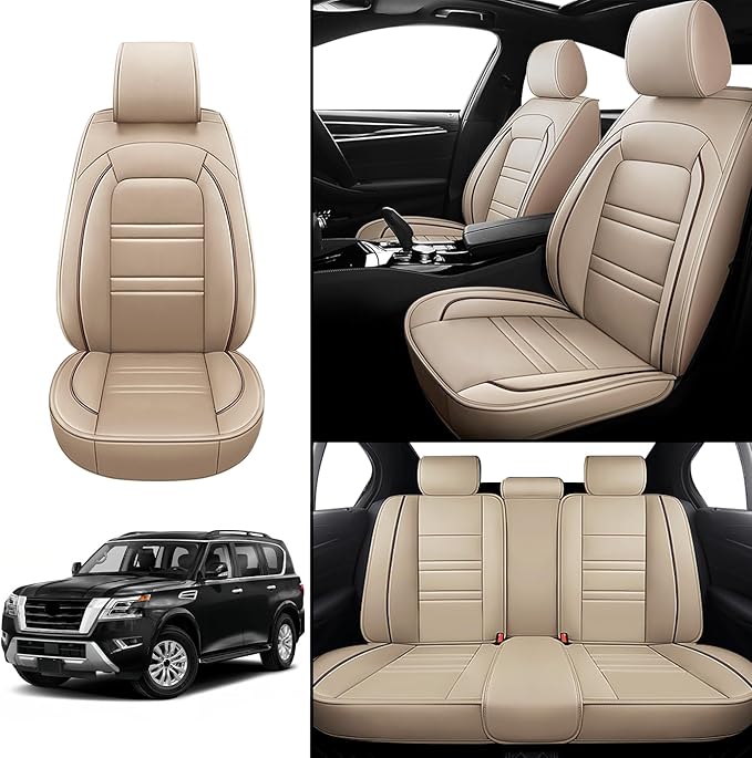 Seat Covers for Nissan Car Armada 2004-2024 | 5-Seats Leather Seat Covers, Easy to Install Automotive Seat Covers Full Set (Full Set, Beige)