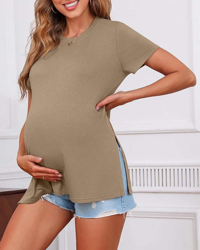 Ficerd 3 Pack Women's Maternity T Shirts, Short Sleeve Side Split Pregnancy Tops Casual Crew Neck Pregnant Tees Mama Clothes