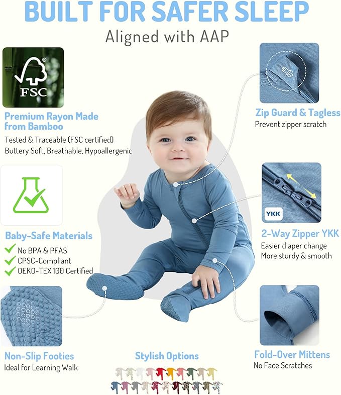 HAPIU Rayon from Bamboo Baby Footed Pajamas, 2 Way Zipper YKK, Footie for Baby Boy Girls, Newborn-24 Months