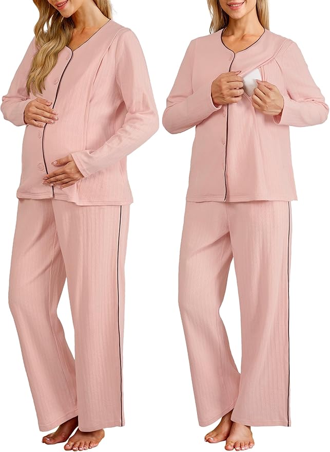 OUGES 100% Cotton Women's Maternity Nursing Pajamas Sets Button Down Breastfeeding Loungewear Top & Pants with Pockets