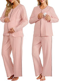 OUGES 100% Cotton Women's Maternity Nursing Pajamas Sets Button Down Breastfeeding Loungewear Top & Pants with Pockets