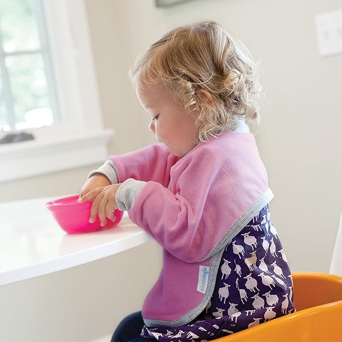 Kiddologic Bibit-all Baby Feeding Bib, Long Sleeves with Ribbed Cuffs and High Collar, Stretchy Pullover Smock, Soft Absorbent Terry, Waterproof Lining, Toddler Girl 12-36 Months, Wild Orchid (Pink)