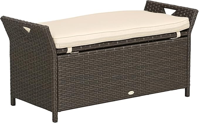Outsunny 29 Gallon Patio Wicker Storage Bench, Outdoor PE Rattan Patio Furniture, 2-in-1 Large Capacity Rectangle Garden Storage Box with Handles and Cushion, Cream White
