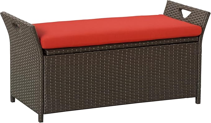 Outsunny 29 Gallon Patio Wicker Storage Bench, Outdoor PE Rattan Patio Furniture, 2-in-1 Large Capacity Rectangle Garden Storage Box with Handles and Cushion, Red