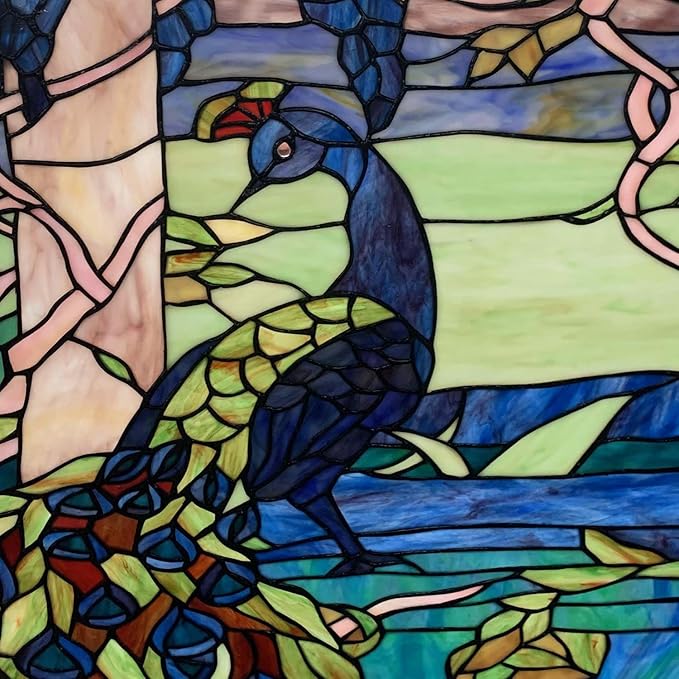 Bieye W10094 Peacock in Garden Tiffany Style Stained Glass Window Panel for Home Decor (Blue, 24" Round)