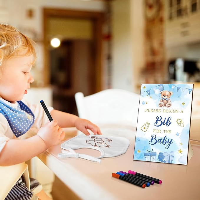 Newwiee 55 Pcs White Bibs for Baby Decorating Design a Bib Decorate Plain newborns Bibs Wooden Sign for Baby Shower Games Kit