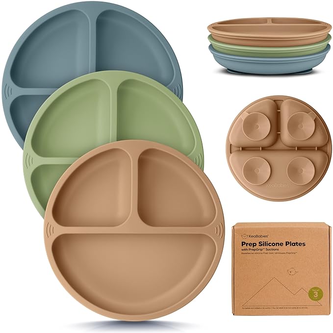 KeaBabies Suction Plates for Baby, Toddler - 3-Pack 100% Silicone Toddler Plates with Suction, Divided, BPA-Free Baby Led Weaning Essentials for Kids, Dishwasher, Microwave Safe, Durable (Desert)
