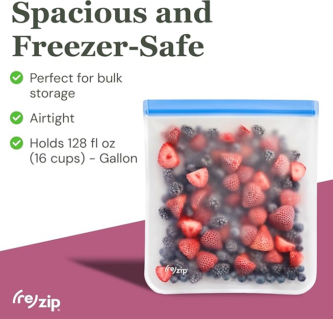 (re) zip Gallon Reusable Bags – BPA-Free, Leak-Proof, 100% Food-Safe PEVA Reusable Gallon Bags for Food Storage, Meal Prep, and Freezer Use, Holds 16 Cups / 128 Fl Oz | 4-Pack (Multi Color)