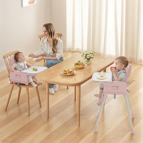 3-in-1 Portable Baby High Chair for Babies and Toddlers, Convertible Easy Clean Infant Foldable Highchair with Adjustable Legs & Dishwasher Safe Tray, Pink