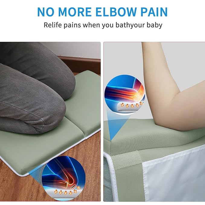 JJGoo Bath Kneeler with Elbow Rest Pad Set, 1.5 inch Kneeling Pad Mat for Bathtub Baby Bathing Parents, Painless Foam Mat with Toy Organizer Pockets, Non-Slip for Baby and Toddler Bathing