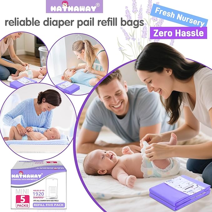 Diaper Pail Refill Bags Compatible With Dekor Mini Diaper Pail, Extra 30% Length, Lavender Scent, 5 Pack