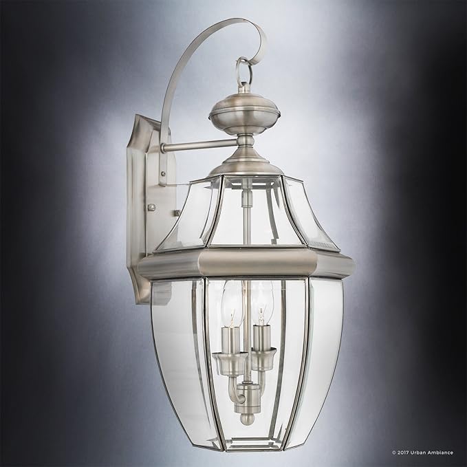 Urban Ambiance Luxury Colonial Outdoor Wall Light, Large Size: 20" H x 10.5" W, with Tudor Style Elements, Versatile Design, Classy Aged Silver Finish and Beveled Glass, UQL1145