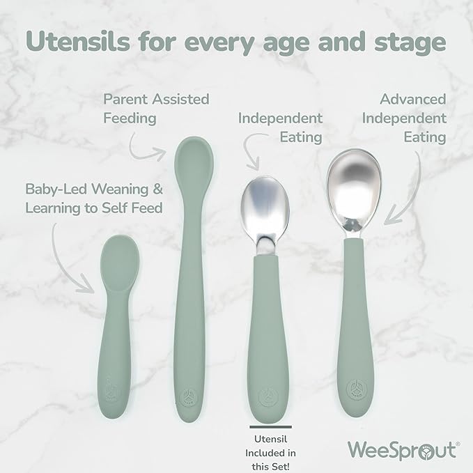 WeeSprout Toddler Utensils, 3 Forks & 3 Spoons, 18/8 Stainless Steel & Food Grade Silicone, Thick Easy-Grip Handles, Perfect Length For New Self Feeders, Gentle On Gums & Teeth, Dishwasher Safe