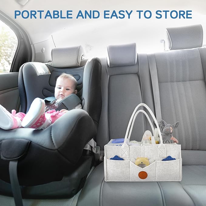 Maliton Baby Diaper Caddy, Nursery Storage Bin & Car Organizer with Handle, Large Felt Bag for Newborn essentials Boy or Girl, Changing Table Organizer for Baby Stuff, 15" x 9" x 7" Baby Shower Basket