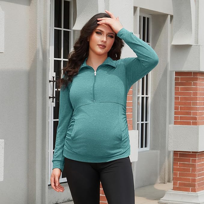 GINKANA Maternity Women's Long Sleeve Shirt Half Zipper Lapel Lightweight Casual Maternity Pullover with Pockets