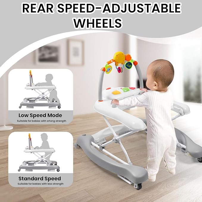 Baby Walker, 5-in-1 Baby Walkers for Boys and Girls 6-12 Months with Bouncer, Removable Footrest, Feeding Tray & Music, Foldable & Adjustable Activity Walker for 6-18 Months Toddler Infant