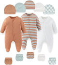 Fashion Baby Boy Girl Clothing Set Cotton Soft 3-Piece Long Sleeve Button Rompers 5-Pack Hats&Gloves Infant Clothes
