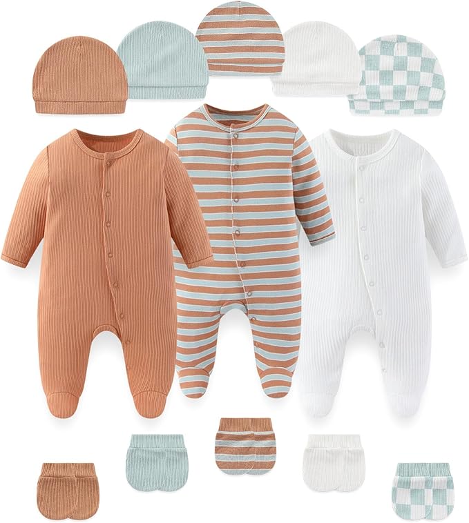 Fashion Baby Boy Girl Clothing Set Cotton Soft 3-Piece Long Sleeve Button Rompers 5-Pack Hats&Gloves Infant Clothes