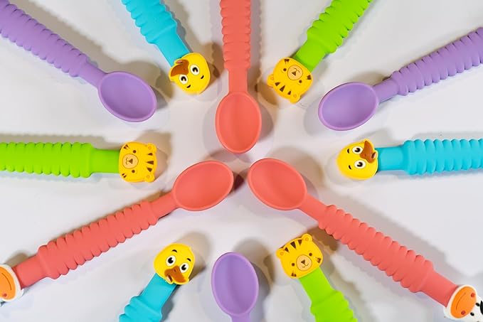 3-in-1 Silicone Baby Spoon Self Feeding 6+ Months - Pediatric OT Designed Teether Spoon, BPA Free Toddler Utensils, Mess-Free, Fun for Baby Led Weaning Supplies, Dog & Cow