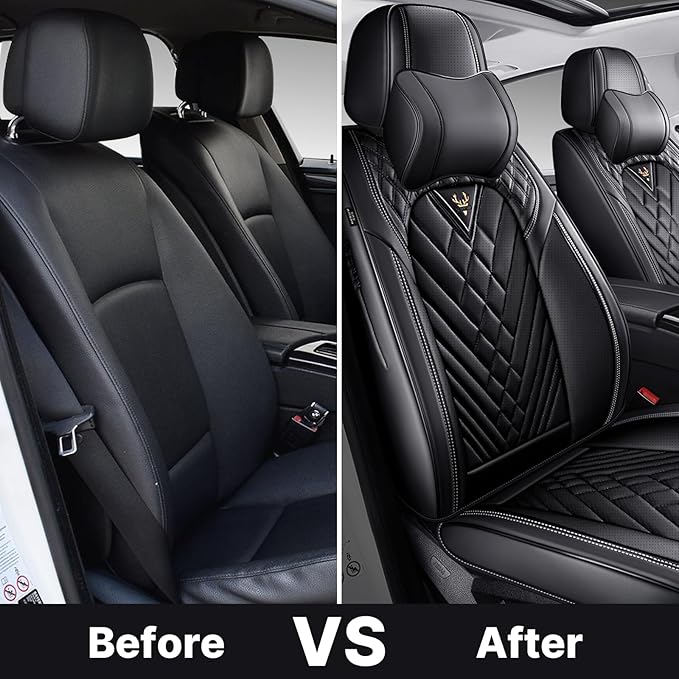 Car Seat Cover Full Set, Waterproof Leather Seat Cover,Front and Rear Auto Seat Cover, Car Seat Cushion, Full Coverage Car Seat Protector Universal Fit Most Cars (5 Seat-Headrest,Black)