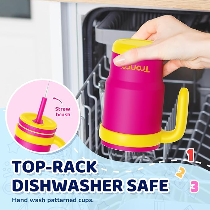 Tronco 14 oz Kids Insulated Tumbler with Handle & Spill Resistant Flexible Straw, BPA-Free Stainless Steel Toddler Cups with Lids, Splash-Proof Kid Drinking Cup Travel Mugs, Hand Wash Only