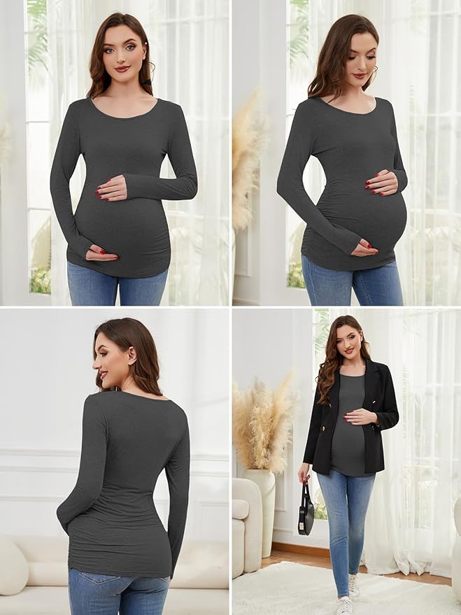 Ecavus Women's Maternity Shirts Long Sleeve Soft Stretchy Pregnancy Tops Side Ruched Casual Mama Clothes