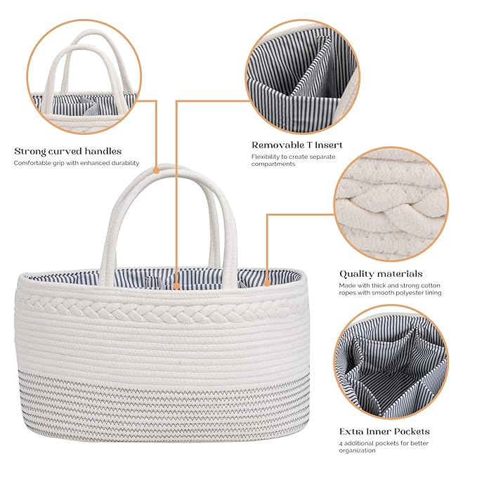 luxury little Diaper Caddy Organizer, Extra Large Cotton Rope Nursery Basket, Changing Table Organizer for Baby Diaper Storage, Portable Car Organizer with Removable Divider, Baby Shower Gifts