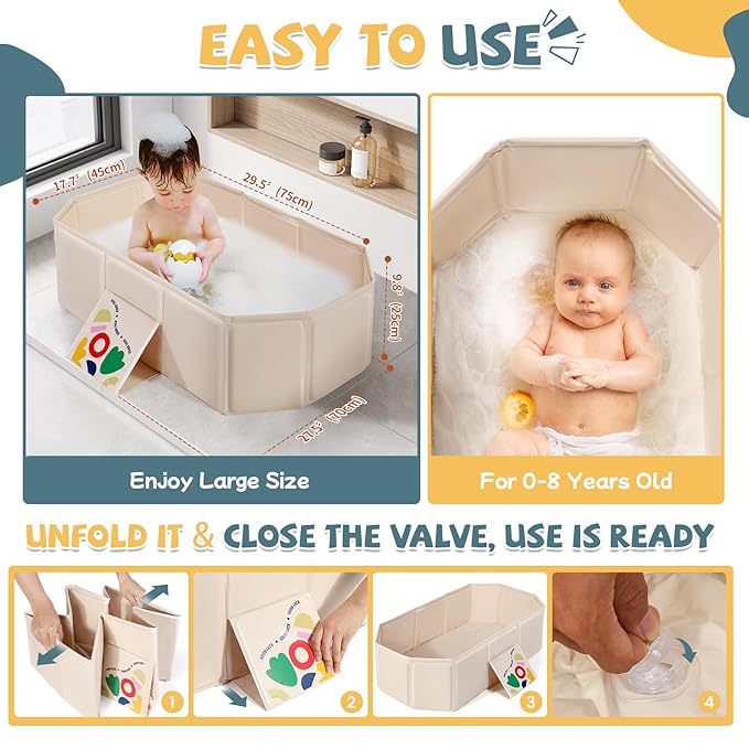 Orzbow Collapsible Baby Bathtub, Toddler Bathtub with Non-Slip Base, Portable Bath Tub for Kids Infant 12 Months+ Travle, Easy to Clean, Stable & Durable, Space-Saving, White