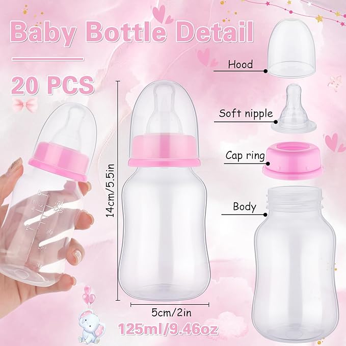 TrelaCo Bottle Chug Baby Shower Game 20 Pcs Baby Bottles Shower Favor with 1 Elephant Theme Sign for Gender Reveal Party Supplies Gifts(Pink)