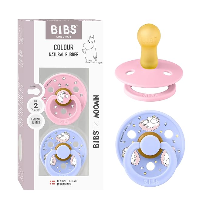 BIBS Colour Moomins Pacifier 2-Pack, BPA Free Pacifier, Round Nipple. Natural Rubber Latex, Made in Denmark, Size 2 (6-18 Months), Baby Pink/Hush