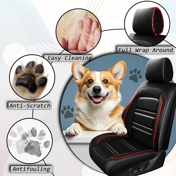 Seat Covers for Toyota Yaris 2007-2020 | 5-Seats Leather Seat Covers, Easy to Install Automotive Seat Covers Full Set (Full Set, Black&Red Line)