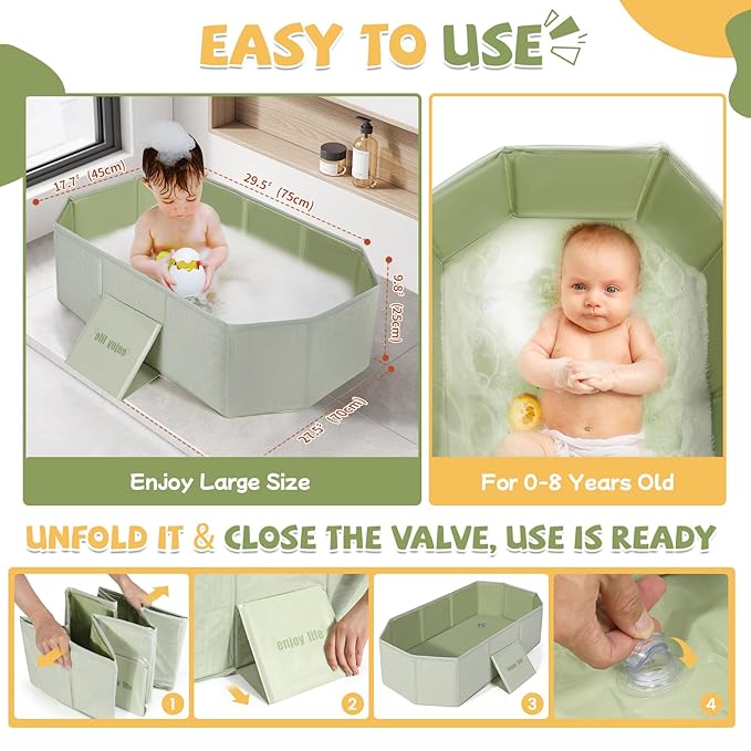 Orzbow Collapsible Baby Bathtub, Toddler Bathtub with Non-Slip Base, Portable Bath Tub for Kids Infant 12 Months+ Travel, Easy to Clean, Stable & Durable, Space-Saving, Green