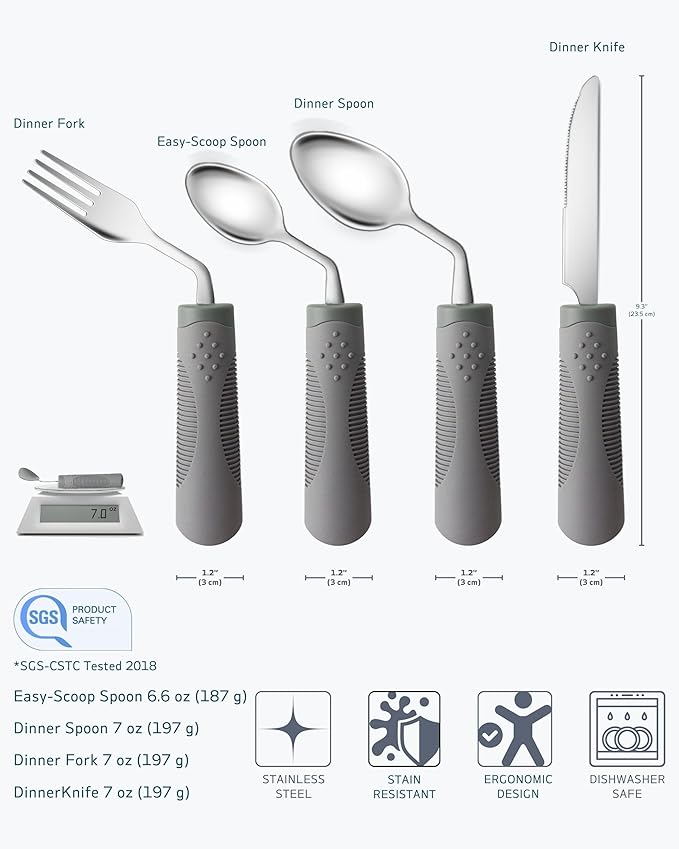 Adaptive Utensils (4-Piece Kitchen Set) Weighted 7 oz - 42° Angled Utensils for Parkinson's Patients, Hand Tremors, Arthritis & Elderly - Weighted Silverware for Hand Tremors (Right Handed)