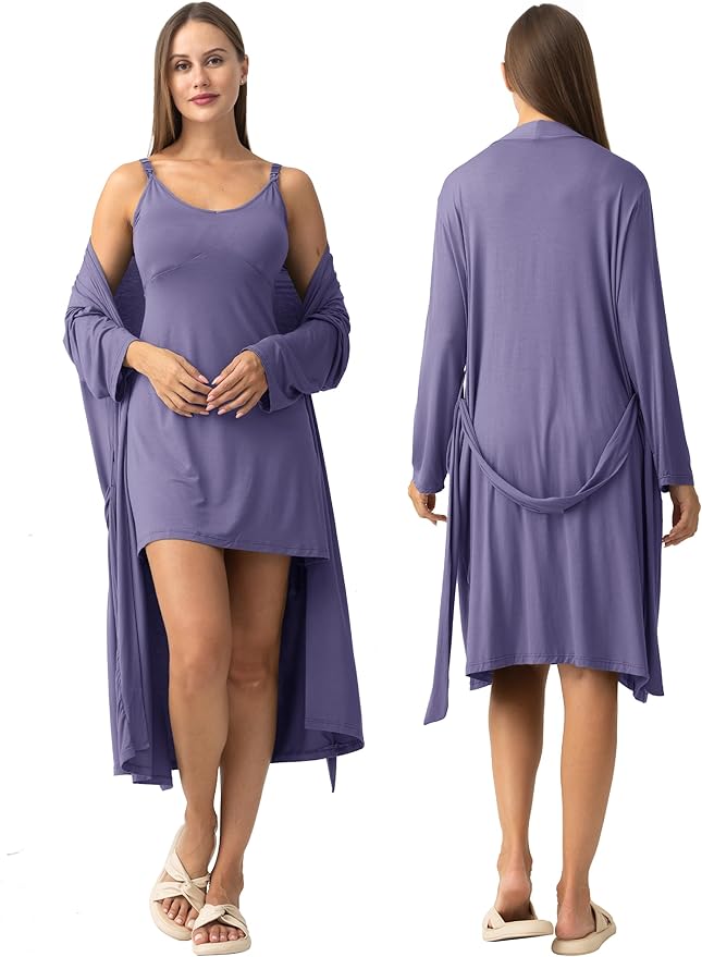 SUNNYBUY Women's Nursing Nightgown Maternity Robe Set, 3 in 1 Labor Delivery Breastfeeding Dress Postpartum Sleepwear