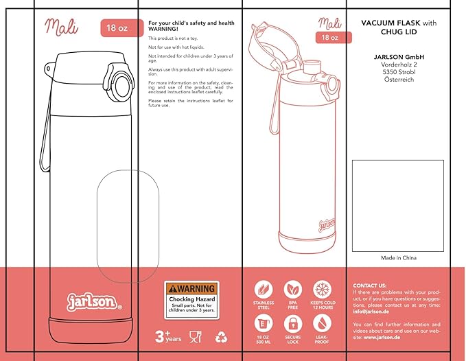 Jarlson® Mali Children's Water Bottle, Thermal Stainless Steel Water Bottle, BPA-Free, Leak-Proof, Children's Bottle with Chug Lid, Bottle for School, Nursery (Cat 2.0, 12 oz)