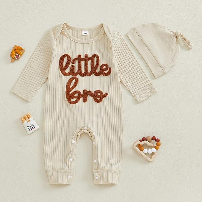 Fernvia Newborn Baby Boy Clothes Letters Print Bodysuit 3 6 9 12 18 Months Long Sleeve Jumpsuit with Hat 2PCS Outfits Set