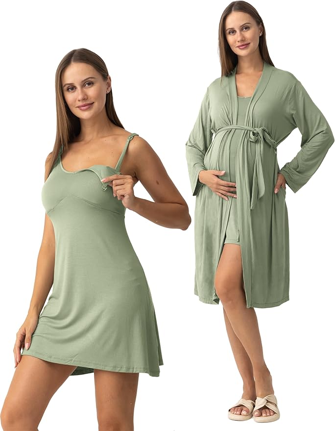SUNNYBUY Women's Nursing Nightgown Maternity Robe Set, 3 in 1 Labor Delivery Breastfeeding Dress Postpartum Sleepwear