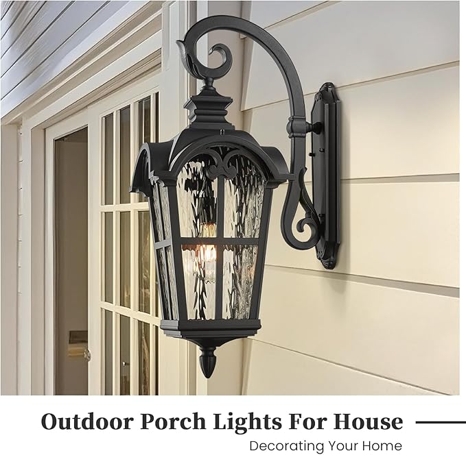 Outdoor Wall Lamps Aluminum Outside Light Fixtures for House 24 Inch Height Large Size Exterior Porch Lights Wall Mount with Water Ripple Glass Black Finish