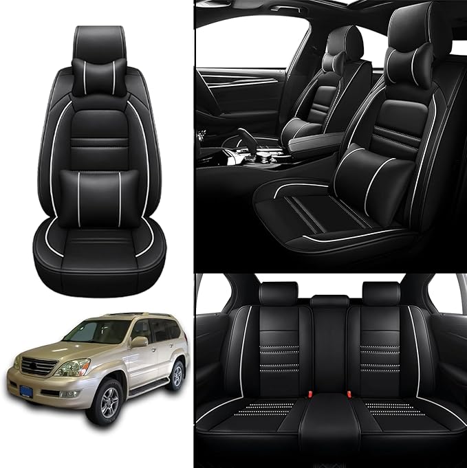 Car Seat Covers for Lexus Car gx470 2003-2009, 5 Seats Leather Seat Covers, Waterproof Seat Protectors, Automotive Seat Covers (Full Set with Pillow,Black&White Line)