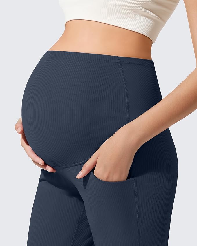 G4Free Ribbed Maternity Flare Yoga Pants with Pockets Over The Belly Pregnancy Bell Bottom Leggings