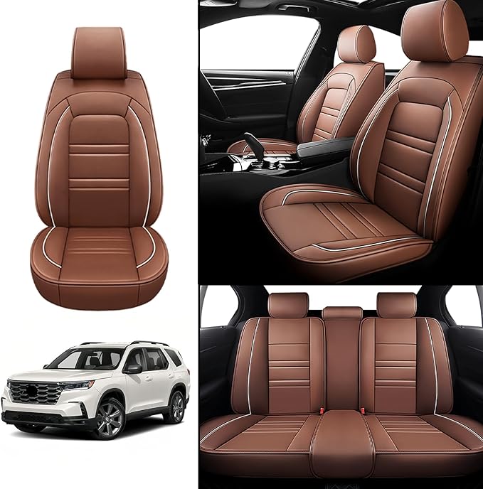 Seat Covers for Honda Pilot 2003-2025 | 5-Seats Leather Seat Covers, Easy to Install Automotive Seat Covers Full Set (Full Set, Coffee)