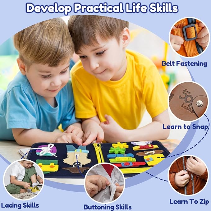 Qizfun Busy Board Montessori Toy for Toddlers, Educational Sensory Learning Toy for Fine Motor Skills, Preschool Travel Toy for Airplane & Car, Gifts for Boys and Girls (Blue/P8)